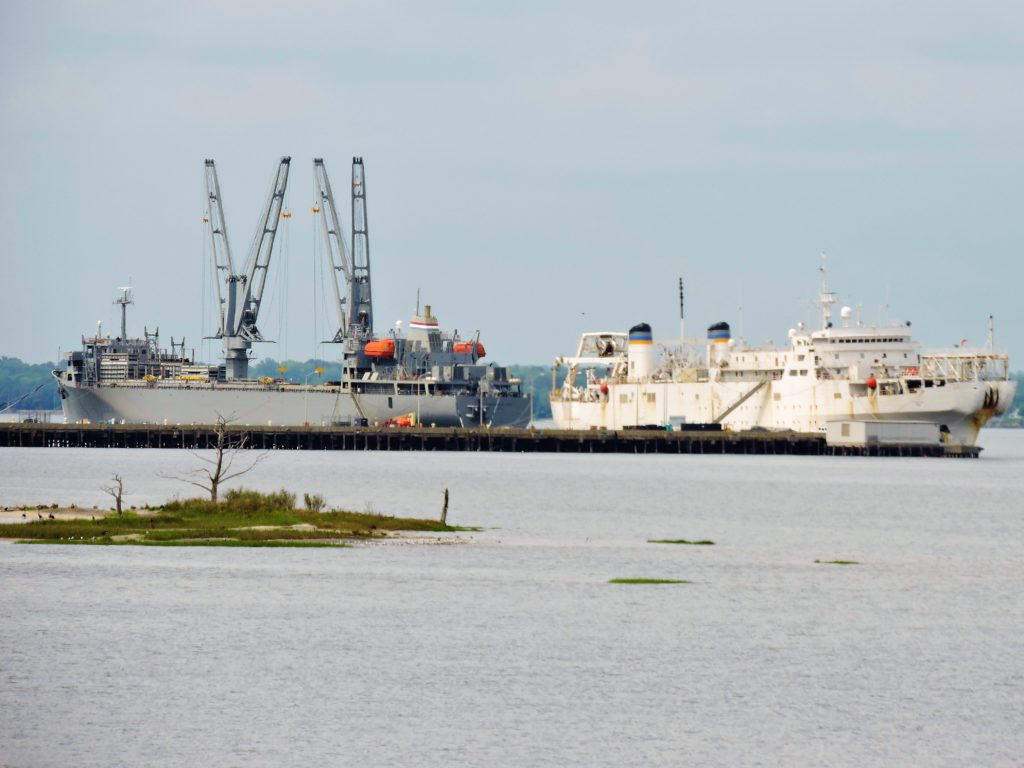 Two Navy ships snug at Cheatham pier